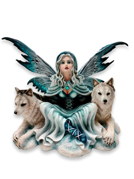 A seated elf with her wolves
