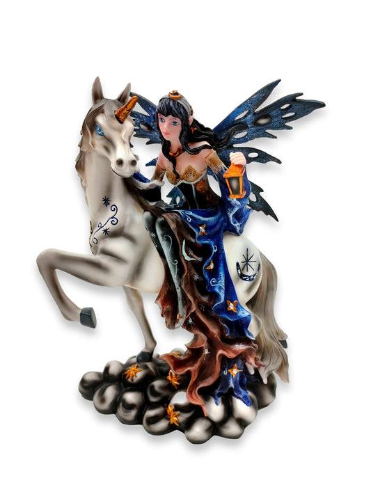 An elf holding a lantern on a unicorn